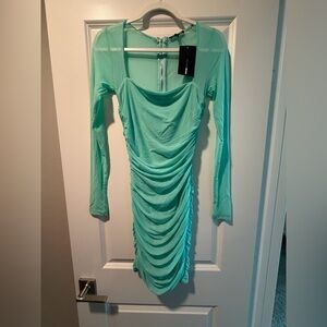 Fashion Nova Mint Long Sleeve Ruched Dress